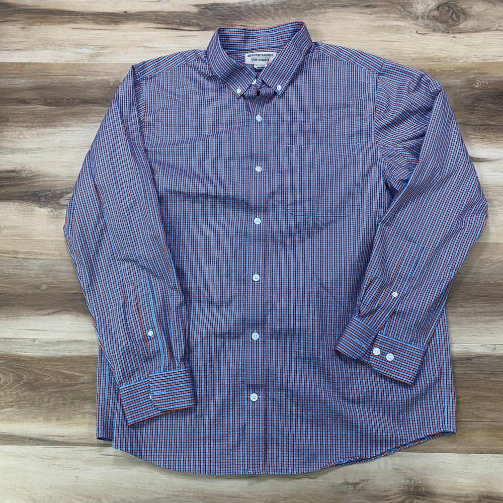Duluth Trading Co Shirt XL WrinkleFighter Cotton Slim Fit Blue Orange Plaid